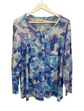LOGO by Lori Goldstein Mesh Cardigan Top 2X Watercolor Blue Sheer Artsy Statemen
